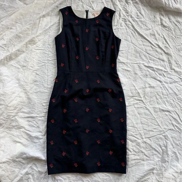Brooks Brothers Navy Sheath Dress with Red Floral Embroidery - Picture 1 of 2